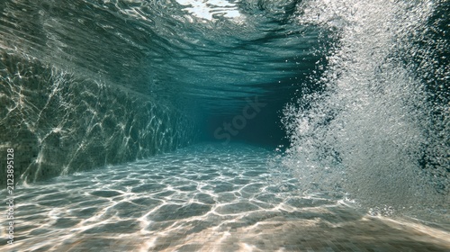Underwater view of a pool floor with sunlight patterns and rising bubbles