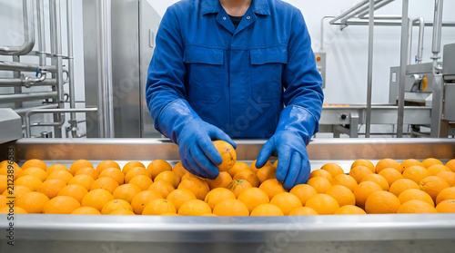 Orange Quality Inspection Worker Sorting Fresh Oranges on Conveyor Belt in Juice Factory