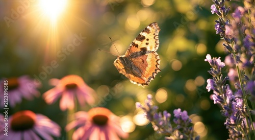 Gentle butterfly flutters by in a sun-drenched garden with purple flowers