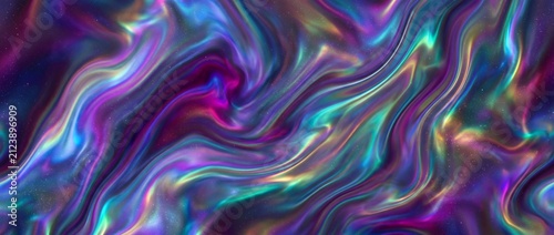 Abstract holographic fluid marble texture with vibrant neon cosmos swirls and glitter sparkles.