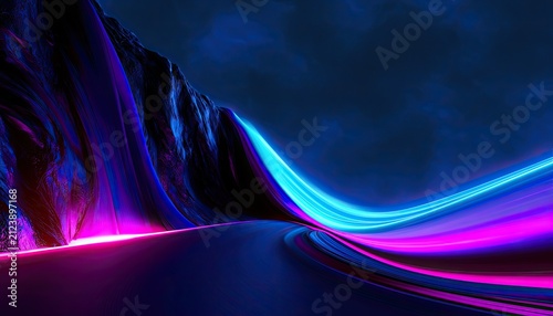 Neon road curves through rocky landscape under dramatic night sky