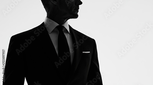 Silhouette of a man in a sharp suit and tie, poised and elegant