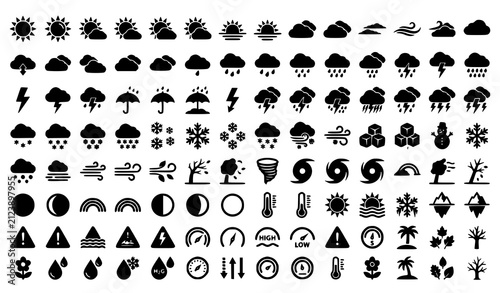 Weather Symbol Black Silhouette Icon Collection Vector