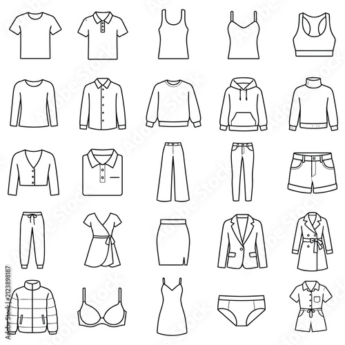 Fashion clothing and apparel line icons with t shirt clothing wardrobe