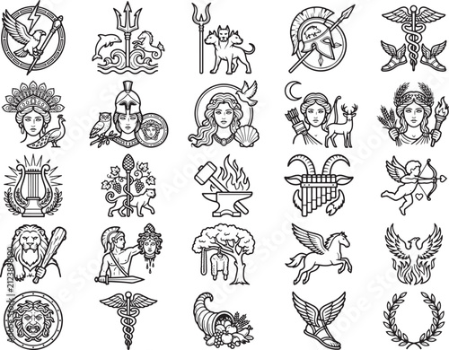 Collection of mythological symbols and ancient Greek gods, including Pegasus, Hydra, and Medusa, depicted in a classic illustration style.