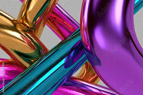 Abstract metallic tubes interwoven with vibrant colors and reflections