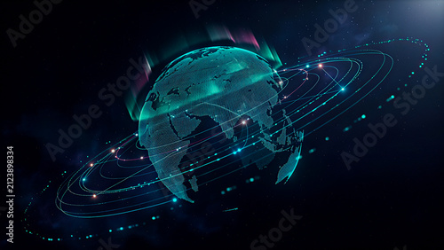 Earth with Orbital Grid Network, AI Global Connectivity, Aurora Lights and Space Technology