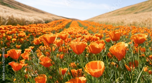 Vibrant orange flowers carpet rolling hills, contrasting with golden fields