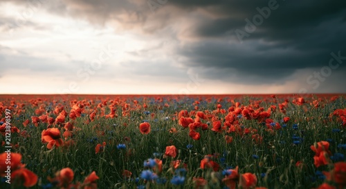 Vibrant red poppies and blue wildflowers under a dramatic, cloudy sky