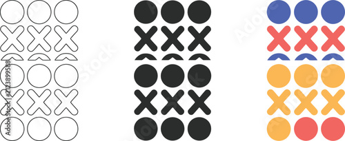 Tic-tac-toe game cross and circle icons presented in outline, solid black, and colorful grid