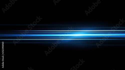 A horizontal beam of bright blue light emanates from a central point on black