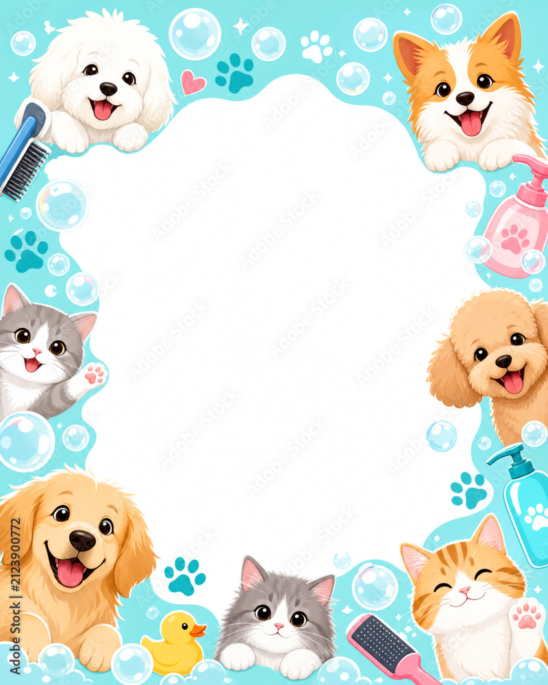 Obraz premium Bright and fresh flyer backdrop for pet grooming. A border made of cute illustrations of happy fluff