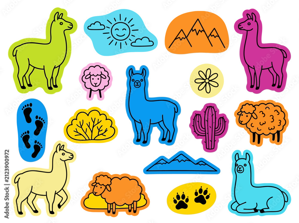 Naklejka premium Colorful Llama and Sheep Sticker Set, Cute Alpaca Vector Illustration with Nature Elements