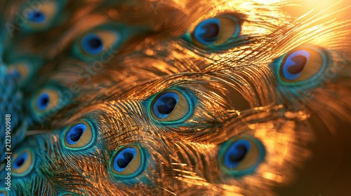Close-up of vibrant peacock feathers, illuminated by warm golden sunlight