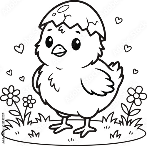 Cute baby chick hatching from egg with flowers and hearts