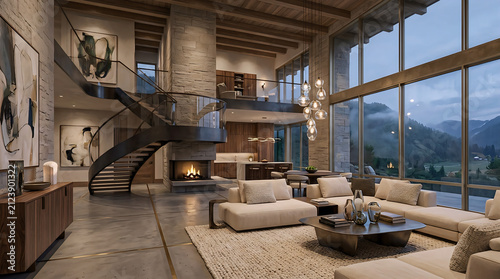 Luxury modern villa interior with spiral stairs and mountain view