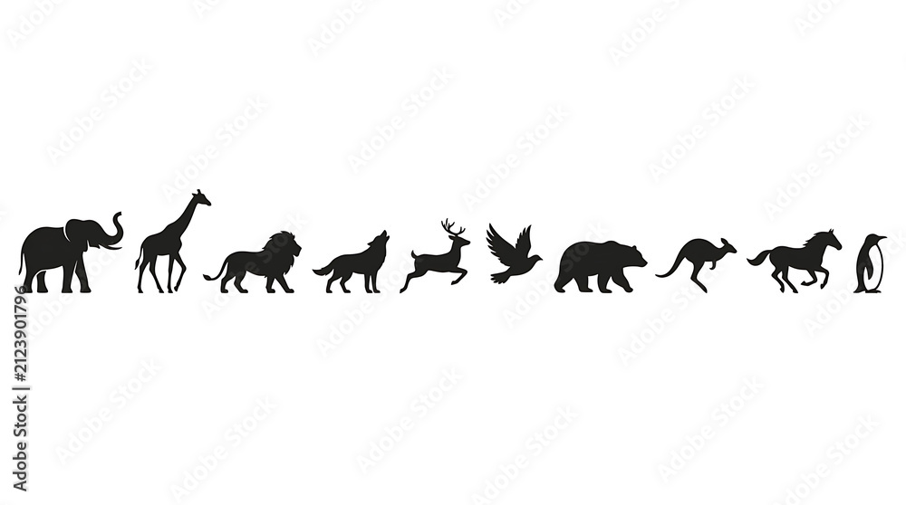 Fototapeta premium Silhouette Collection of Diverse Wildlife: A striking collection of animal silhouettes, showcasing a variety of creatures from majestic elephants and giraffes to powerful lions and bears.