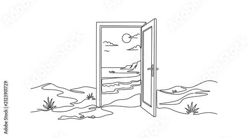 Minimalist line art of an open door to a tropical sea coast view