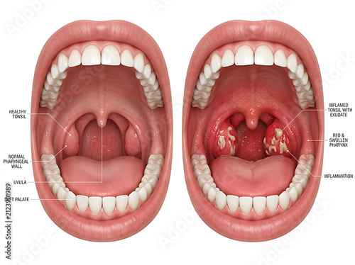 Comparative Anatomy of a Healthy Human Throat Versus a Throat Suffering from Bacterial Tonsillitis Infection with Visible Inflammation and Exudate