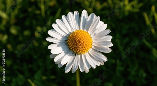 A single white daisy with a yellow center is shown from above on green grass