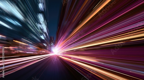 Streaks of vibrant light zoom into the distance, blurring city buildings