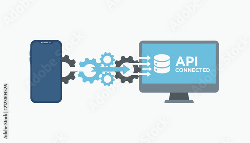Smartphone connecting to a computer screen via mechanical gears to illustrate API connection and database integration.