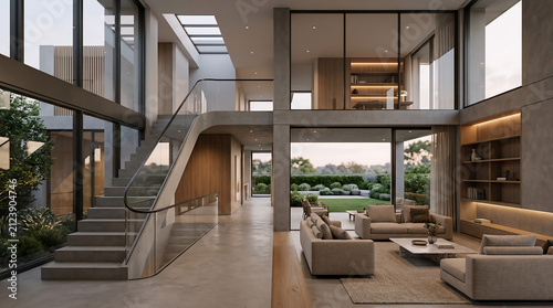 Luxury modern villa interior with double height living room and stairs