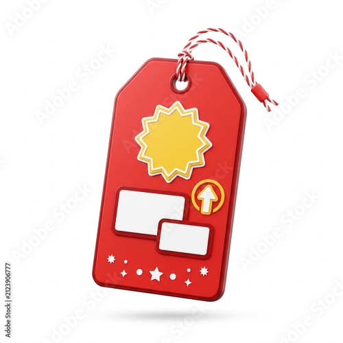 Red price tag with starburst and arrow icon, isolated on white