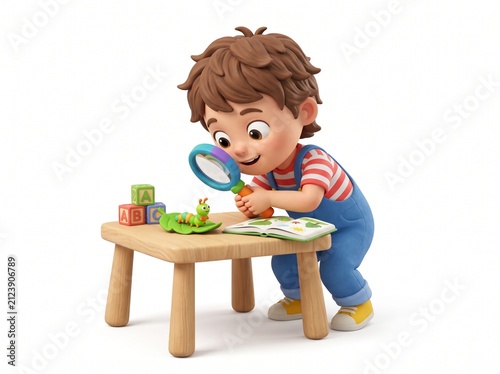 Boy examining a caterpillar with a magnifying glass on a table