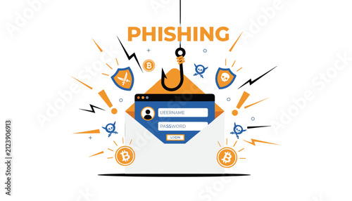 Cyber security illustration representing a phishing email attack designed to steal user credentials and digital currency.
