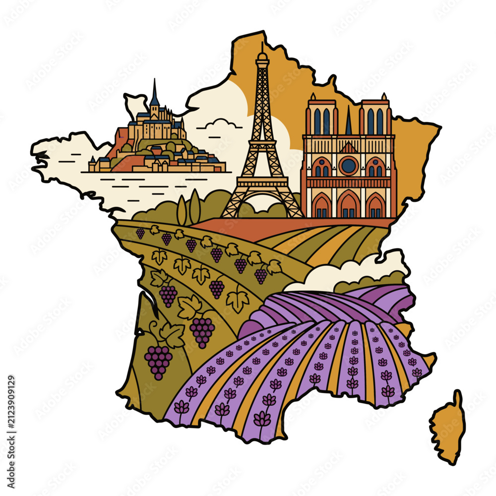Naklejka premium France map showing landmarks, vineyards, and lavender fields