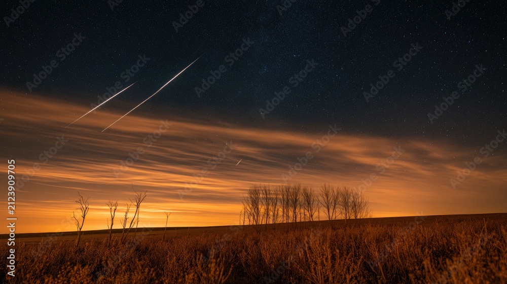 Obraz premium Streaks of light cross a warm, cloud-filled sky over a field