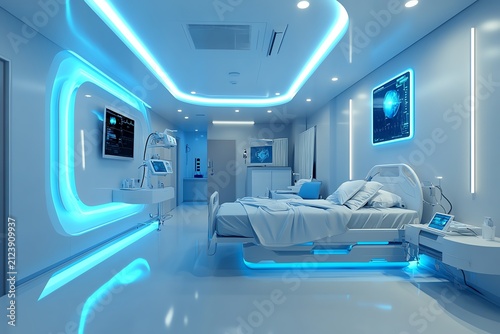 Futuristic hospital room with high tech AI technology equipment Generative AI