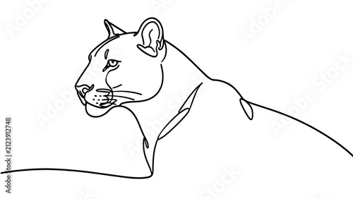 Minimalist lioness line art white background.