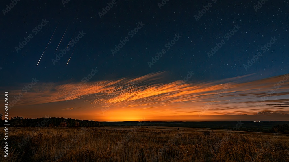 Obraz premium Brilliant meteor shower streaks across a twilight sky above fiery clouds and fields