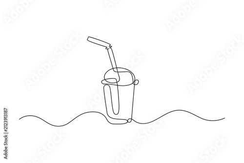 Bottle line art editable stroke continuous one line drawing with fork and wave
