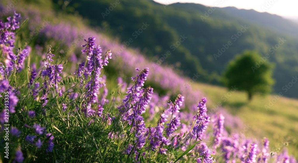 Fototapeta premium Serene hillside meadow filled with blooming purple wildflowers under soft sunlight