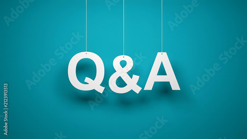 White Q and A letters hanging from strings on a teal background
