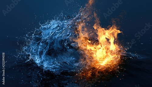 Intense clash of vibrant orange flames and a dynamic blue water splash