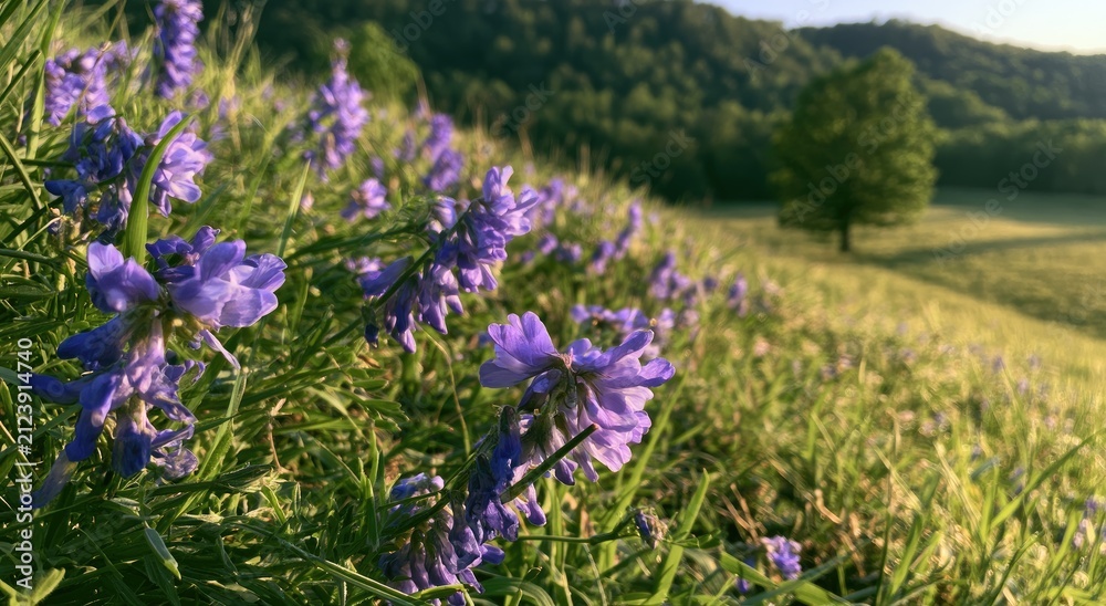 Obraz premium Delicate purple blossoms adorn a sun-drenched meadow with a lone tree on the horizon