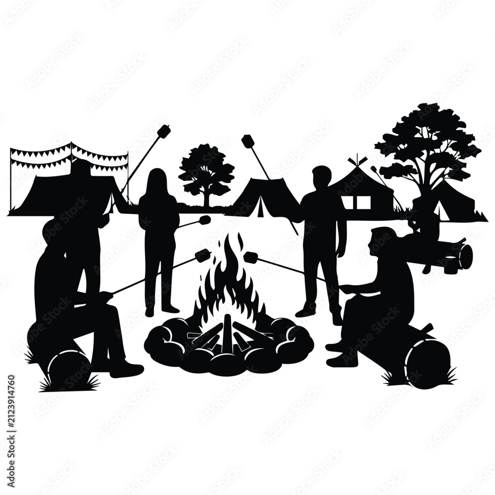 Obraz premium People around campfire roasting marshmallows with tents and trees silhouette vector illustration.