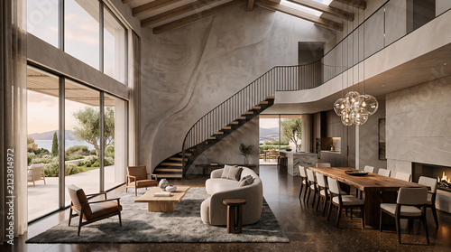 Luxury Modern Villa Interior with Spiral Staircase and Sea View