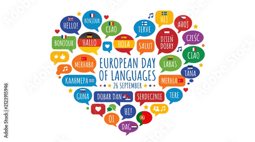 Foto European Day of Languages Heart Shape Word Cloud Illustration