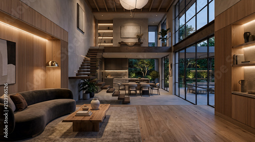 Modern luxury open plan living room interior with mezzanine level