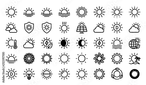 Sun Outline Icon Set Editable Stroke Linear Vector Collection