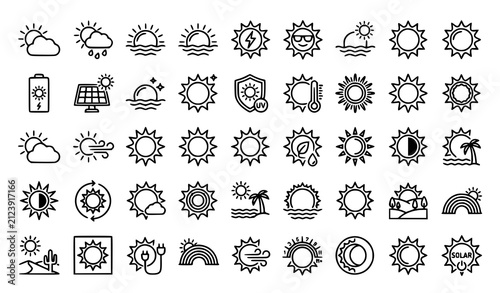 Modern Sun Linear Outline Icon Pack Editable Stroke Vector