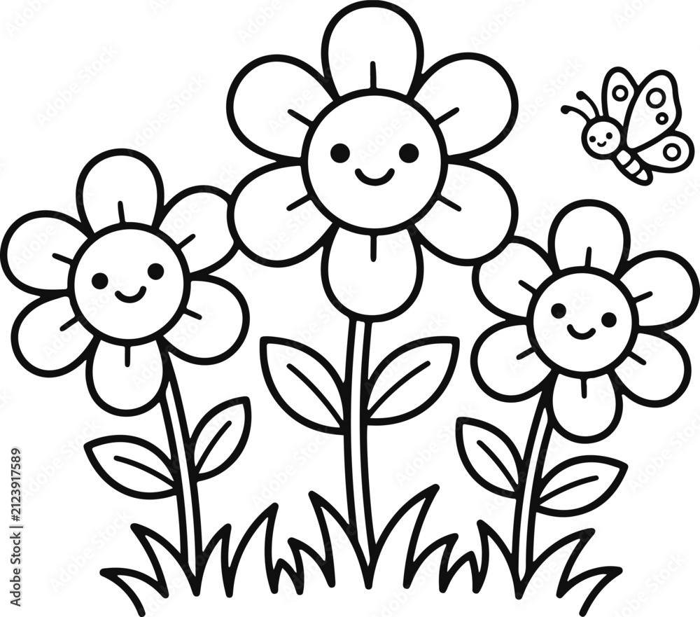 Obraz premium Three Cute Smiling Flowers Coloring Page