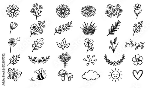 Hand Drawn Crayon Chamomile Flowers Vector EPS10 Set