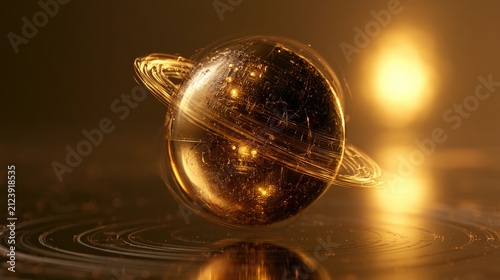 Gilded, glowing planetoid with shimmering rings and atmospheric dust