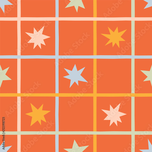 Hand drawn vector seamless pattern with stars and grid. Abstract textile design with geometric squares and celestial motif. Minimalist background for wallpaper, wrapping paper and textile